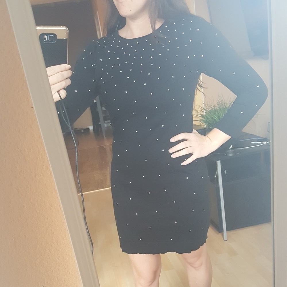 Long Sleeve Rhinestone Mini Sweater Dress